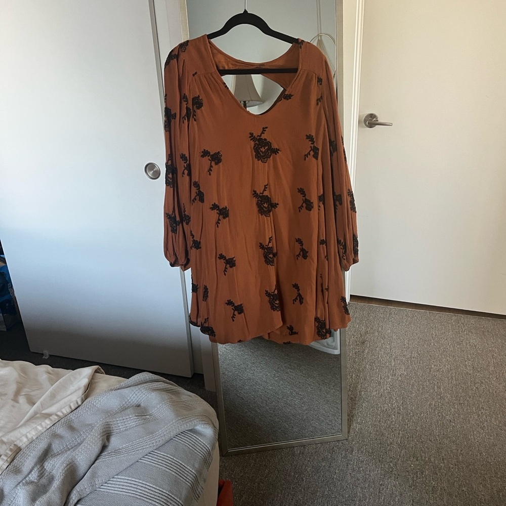 Free People Emma Embroidered Dress - Rust Brown - Size S